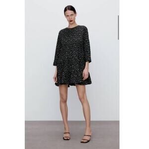 Zara floral print babydoll mini dress black tan floral print size medium